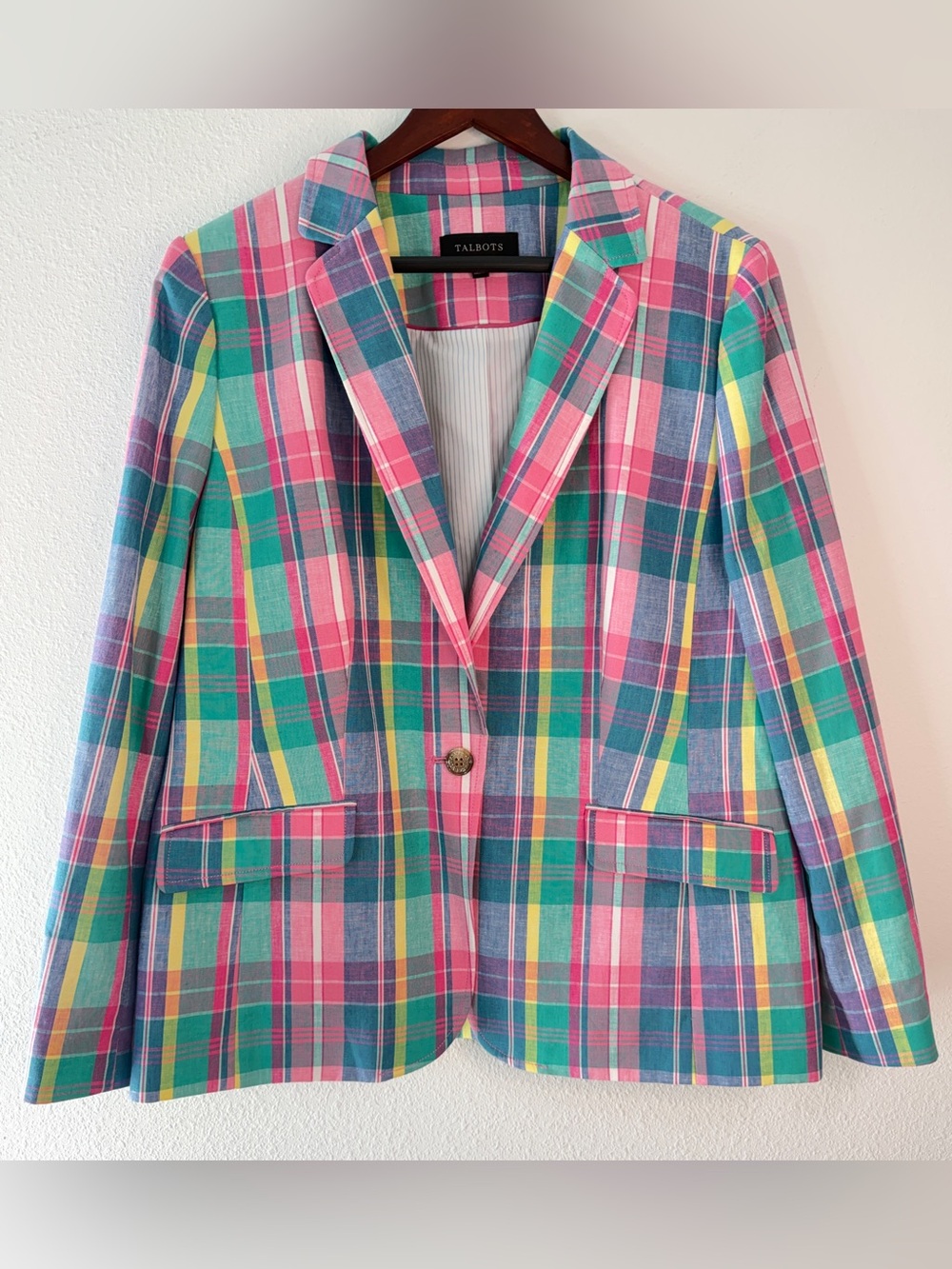 Talbots Colorful Madras Plaid Blazer Linen Cotton Pink Multi Color Preppy 16